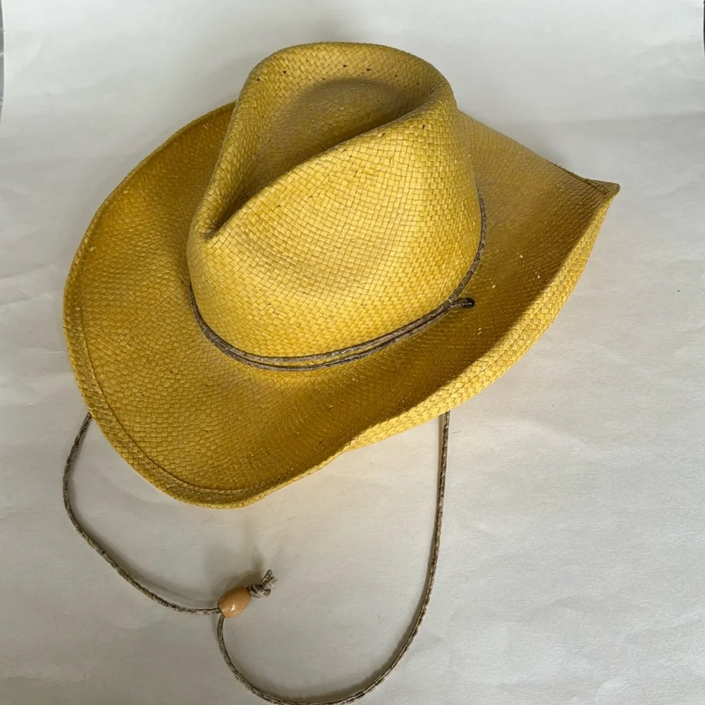 AUGUST Yellow Paper Straw Western Fedora Hat Elastic Band Cord String NWOT $75